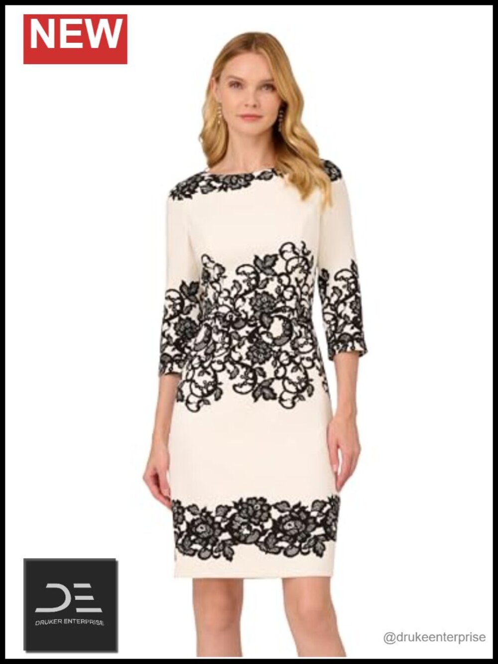 Scroll Lace Short Dress Sheath Boat Neck 3/4 Sleeve Cocktail